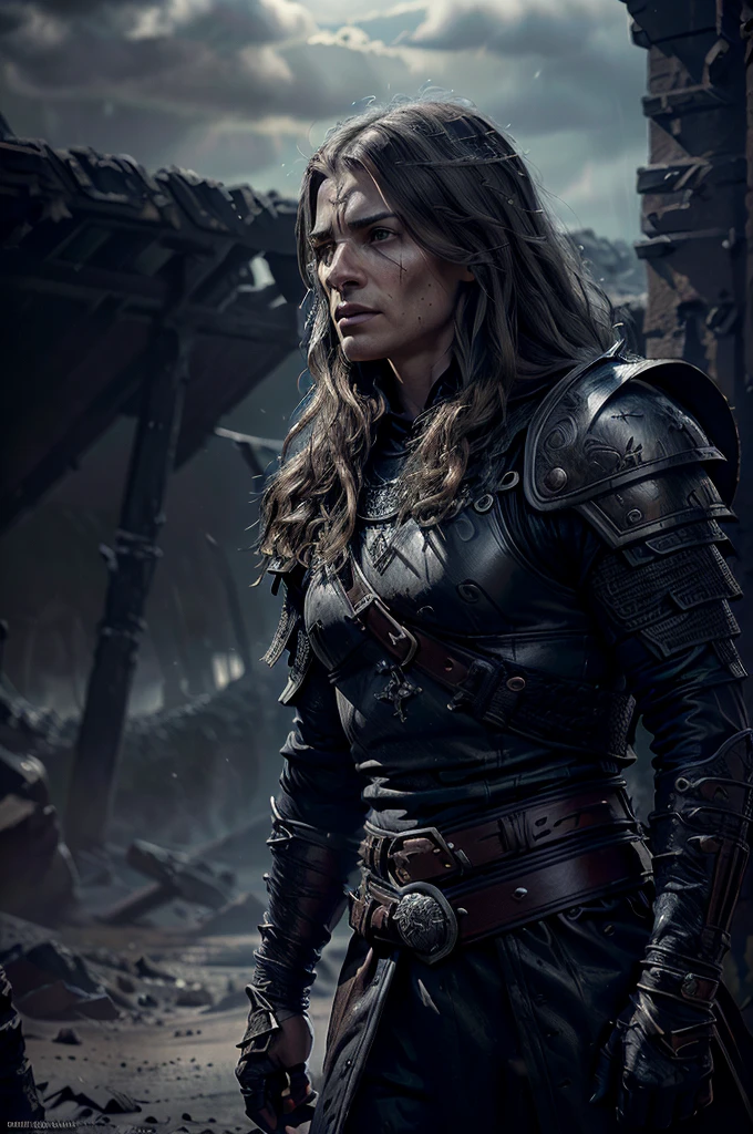 a powerful warrior, sharp facial features, long wavy hair, determined expression, leather armor, medieval fantasy environment, moody lighting, dramatic atmosphere, cinematic composition, muted color palette, (best quality,4k,8k,highres,masterpiece:1.2),ultra-detailed,(realistic,photorealistic,photo-realistic:1.37),concept art