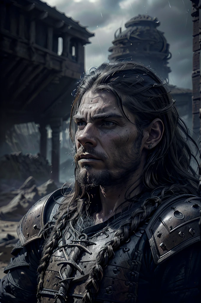 a powerful warrior, sharp facial features, long wavy hair, determined expression, leather armor, medieval fantasy environment, moody lighting, dramatic atmosphere, cinematic composition, muted color palette, (best quality,4k,8k,highres,masterpiece:1.2),ultra-detailed,(realistic,photorealistic,photo-realistic:1.37),concept art