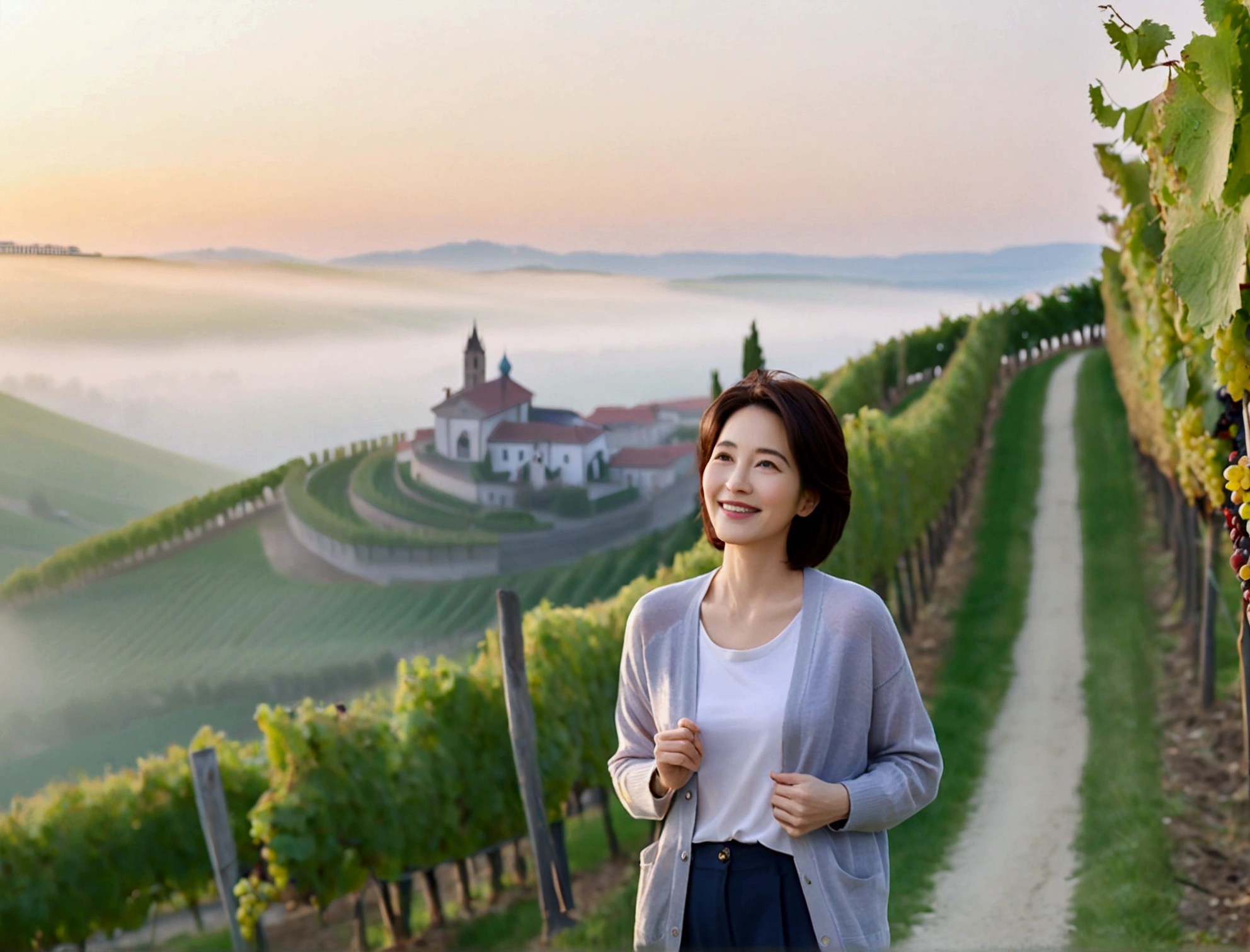8k best picture quality, Beautiful 36-year-old Korean woman, Chest size 34 inches, northern italy countryside dawn, View of the cathedral next to the vineyards, The back background is realistic and vivid quality., Short hair, High-end luxury brand white shirt and cardigan, Wear casual pants, Smile slightly. the background is clear, It is spring, when grapes have not yet ripened. Standing on a hill on a curved path overlooking a vineyard covered in thick fog, Clear picture quality, Wear high-end luxury brand sunglasses, sunglasses with clear lines, Spring landscape without grapes, Well-groomed hair, Pretty and beautiful like a model, wearing a short cardigan. Well-groomed hair, Dress modestly