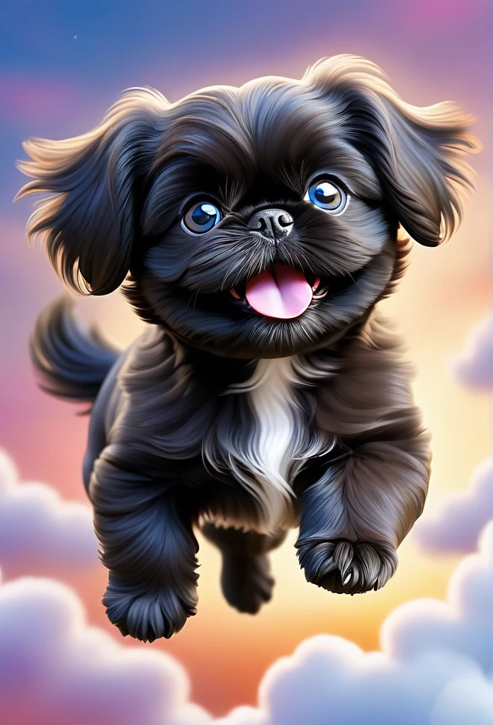 cute black Shih Tzu puppy,flying through sky,playful,joyful,adorable puppy,fluffy fur,big blue eyes,happy expression,puppy soaring gracefully through clouds,magical fantasy scene,vibrant colors,whimsical lighting,highly detailed,8k,photorealistic,digital art