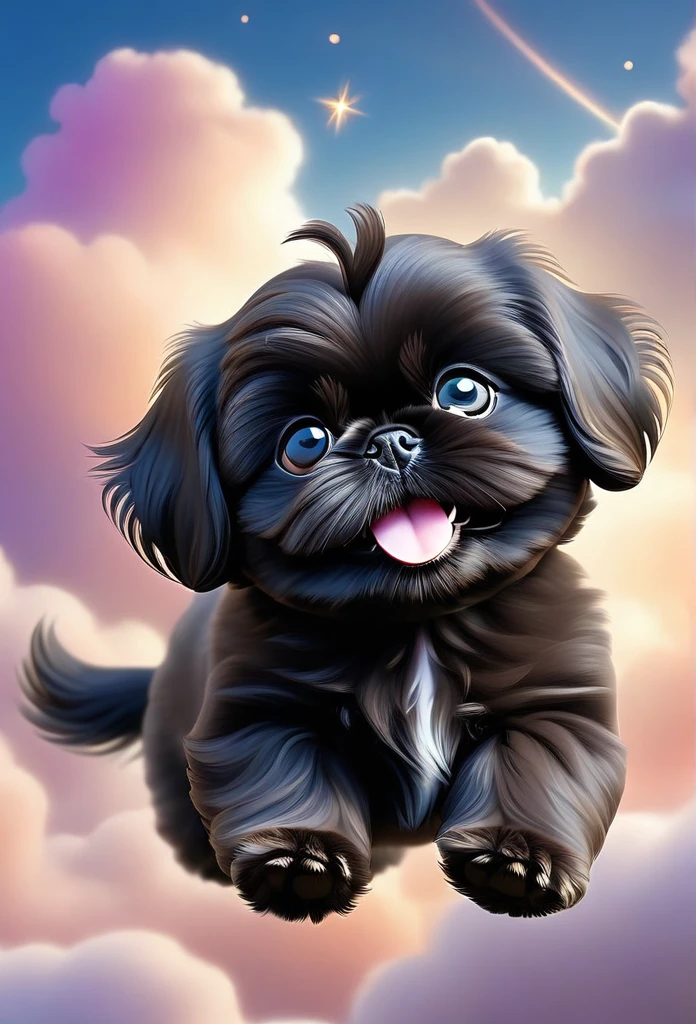 cute black Shih Tzu puppy,flying through sky,playful,joyful,adorable puppy,fluffy fur,big blue eyes,happy expression,puppy soaring gracefully through clouds,magical fantasy scene,vibrant colors,whimsical lighting,highly detailed,8k,photorealistic,digital art