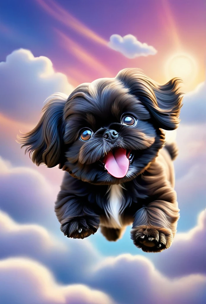 cute black Shih Tzu puppy,flying through sky,playful,joyful,adorable puppy,fluffy fur,big blue eyes,happy expression,puppy soaring gracefully through clouds,magical fantasy scene,vibrant colors,whimsical lighting,highly detailed,8k,photorealistic,digital art