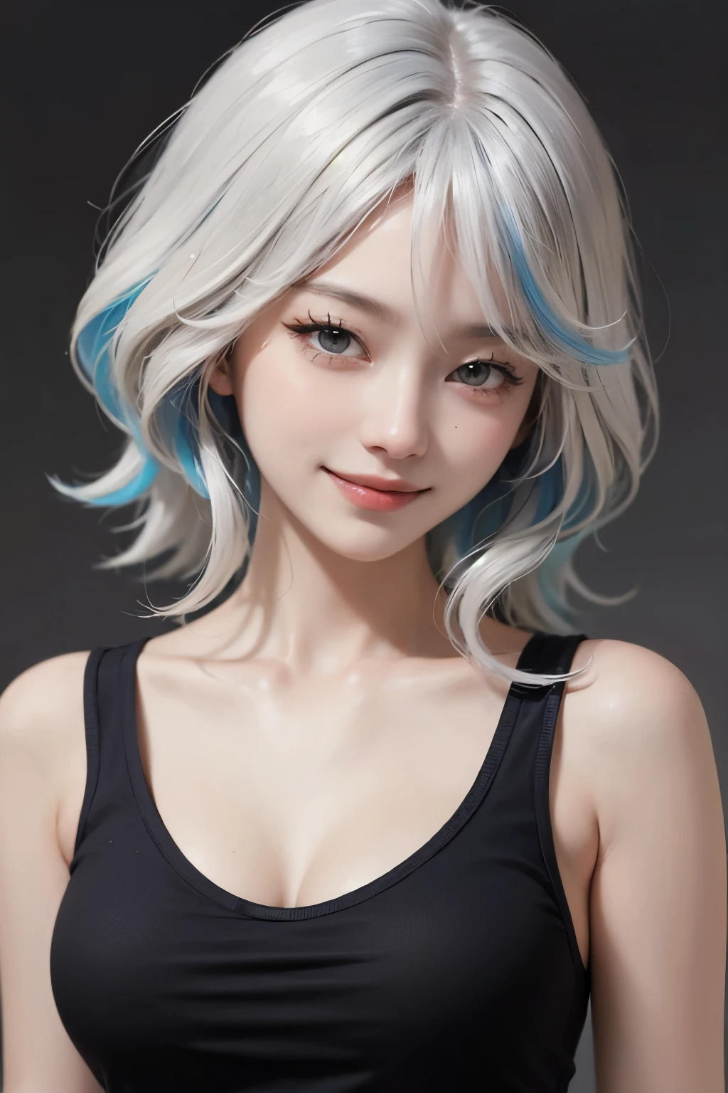 ((best quality)), ((masterpiece)), (detailed), perfect face. Asian girl. Smile. White hair. tanktop. Small breast. Cleavage.