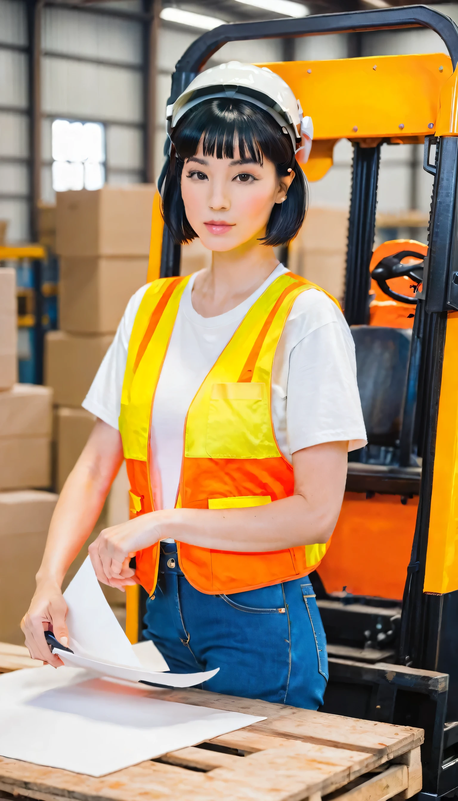 (((How to cut paper))), 1 girl, Black Hair, short hair, portfolio, T-Shirts, denim, Safety vest, forklift, Helmet