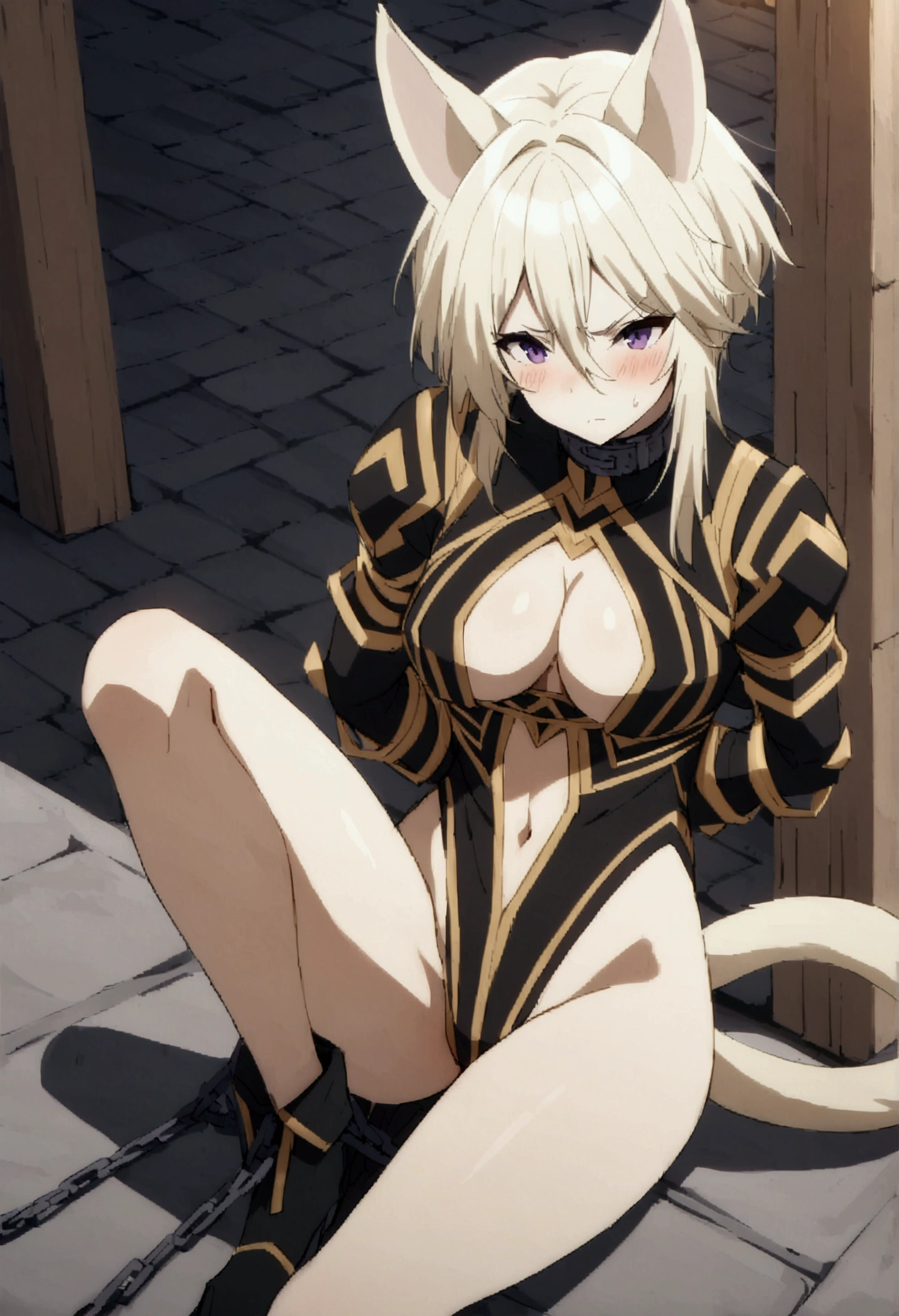 NSFW,masterpiece,Highest quality,High resolution,Very detailed,Zeta\(I want to be a powerful figure behind the scenes！\),Zeta,Animal ears、Purple Eyes、Blonde,short hair,gloves、Cleavage、tail、黒いgloves、Clothing cutouts、Cleavageの切り抜き,Iron Collar,Both arms are chained,Raise your arms,Glare,Angry face,blush,prison,Cobblestones,Sitting,Leg spread