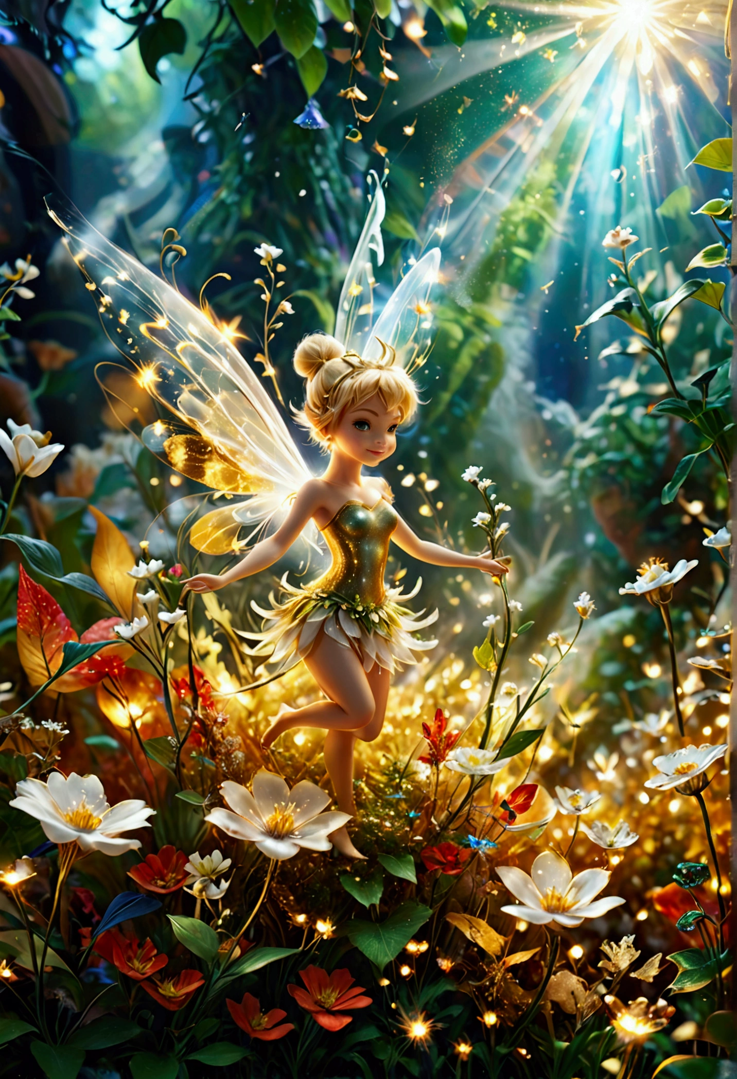 Tinkerbell made of gold and white transparent light, A variety of small flowers and plants made of light, Ultrafine particles shining in the air_Tinkerbell center close-up angle, A mysterious background where small particles of natural light emit light., ultra high resolution, 8k, Very detailed details, Product detailed image, surreal photo, the greatest masterpiece:1.2, Glowing white smoke spreading in the air, aura,