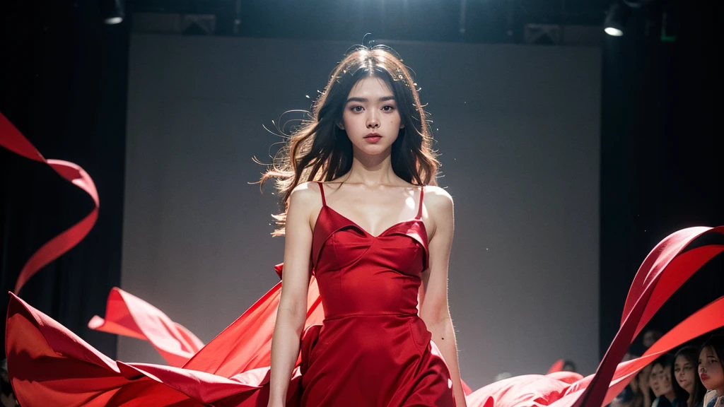 dressart,red dress , floating hair , (floating dress:1.4), (photo art), 1girl, Stunningly Beautiful Girl, Haute_Couture, designer dress, wearing Haute_Couture, posing for a picture, fashion show, Long shaped face, angry, crazy, dark red eyes, red hair, long ringlets, catwalk \(walkway\), , colorful, vivid colors, masterpiece, best quality, absurdres, highest quality, amazing details, 8k, aesthetic,