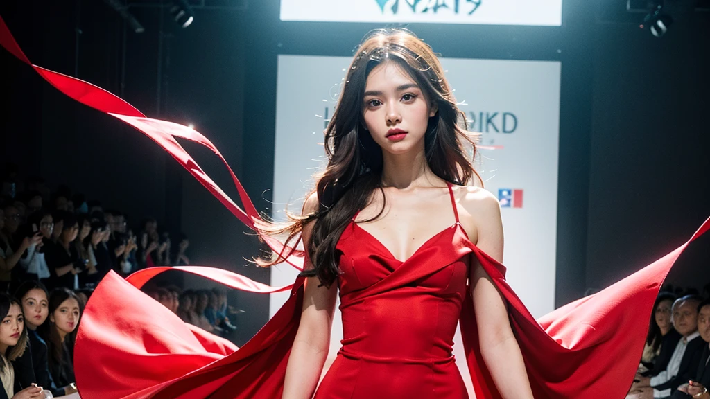 dressart,red dress , floating hair , (floating dress:1.4), (photo art), 1girl, Stunningly Beautiful Girl, Haute_Couture, designer dress, wearing Haute_Couture, posing for a picture, fashion show, Long shaped face, angry, crazy, dark red eyes, red hair, long ringlets, catwalk \(walkway\), , colorful, vivid colors, masterpiece, best quality, absurdres, highest quality, amazing details, 8k, aesthetic,