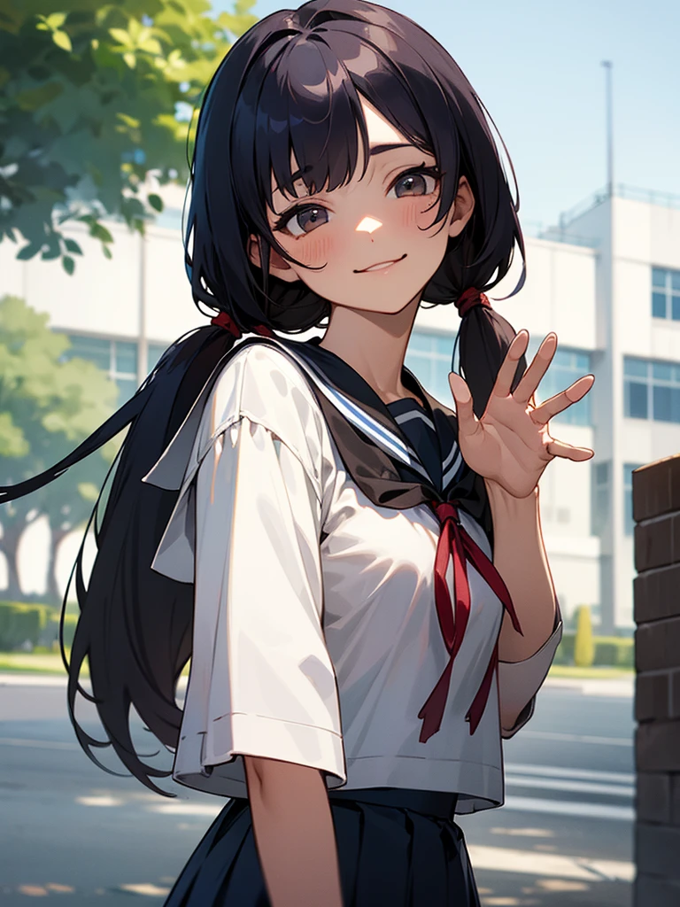 1girl, standing, (waving at the camera with left hand), (right hand on chest), (head tilt), smile, ****, 1girl, standing, gentle smile, ****, head tilt,
school building on the back,
4-story white school building, outdoor, tree on side, (low twintails girl), low pigtails, red ribbon on hair, very long black hair, white serafuku with blue ribbon, navy-blue collar, navy-blue skirt, (dark brown eye), 1 school bag on right shoulder, afternoon, summer, school, (from front:1.4), upper body, anime, high brightness, detailed face, detailed eyes, (high quality, ultra detailed, masterpiece, super detail, highres, anatomically correct, UDH), good hands, good fingers Japanese anime style, extremely cute, good fingers, good digit