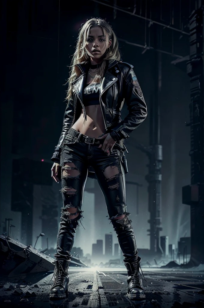 a female rapper with a confident, powerful expression, wearing a black leather jacket, ripped jeans, and combat boots, performing on a dimly lit stage with dramatic lighting, high energy, urban environment, cinematic, 8k, hyper detailed, photorealistic, dramatic lighting, neon lights, gritty, moody, atmospheric, intense, energetic, urban, street, hiphop, electronic, music video style