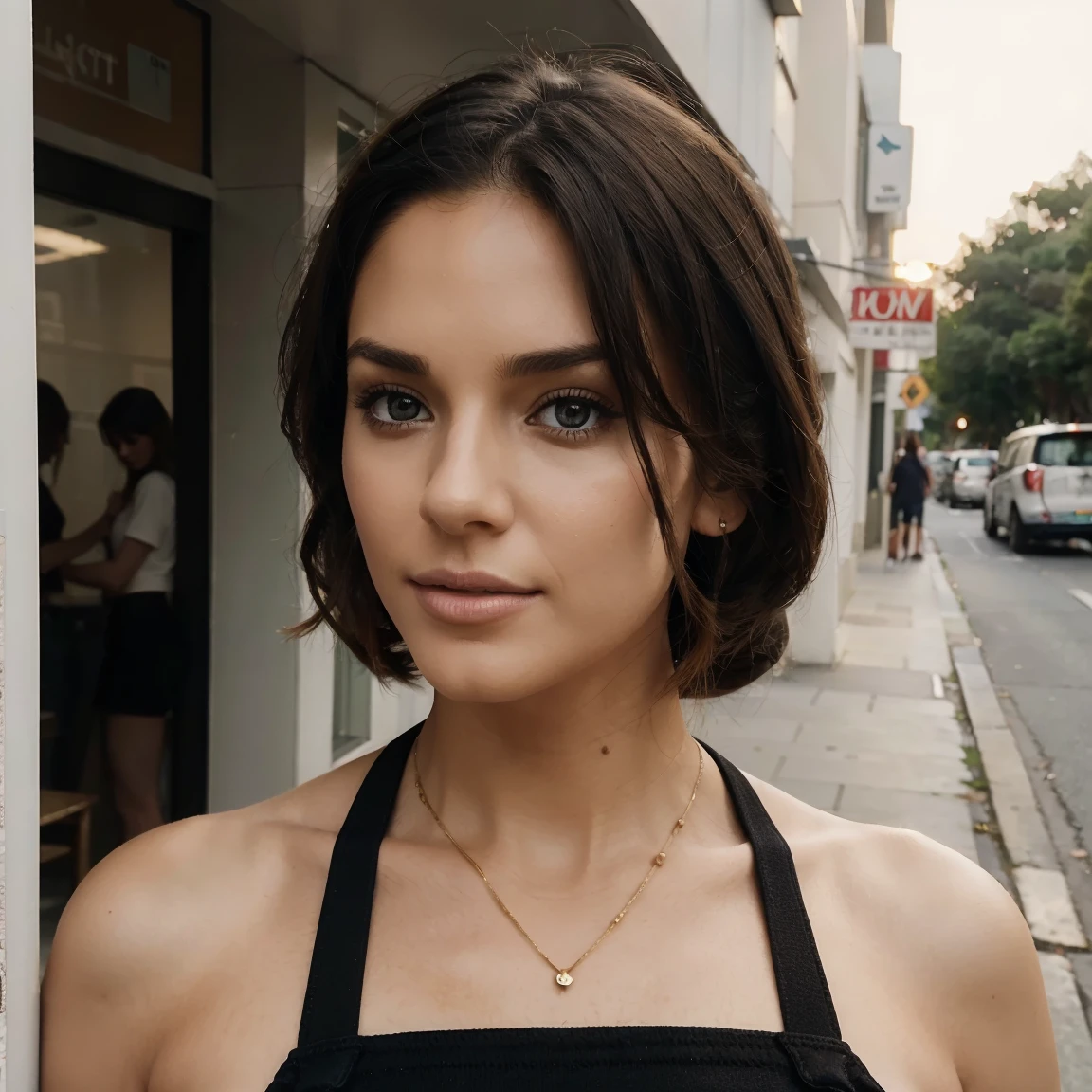 d'up. portrait d'a beautiful australian light brunette woman, 22 ans, wavy hair. elle est mannequin pour le magazine Playboy. She has a subtle smile and flirts with the camera, ( City streets, elle porte un crop top noir et une mini-jupe en jean, in the light of the sunset:1.2), yeux parfaits, (((hands in his pocket))), corps parfait, Cheveux parfaits, poitrine parfaite, hair behind the'ear, uhd, retina, head of'artwork, accurate, anatomically correct, textured skin, Great detail, high details, high quality, prime, best quality, high resolution, 16K, 8k, hyper realistic, ((Realistic lighting, best quality, 8k, head of'artwork: 1.3))