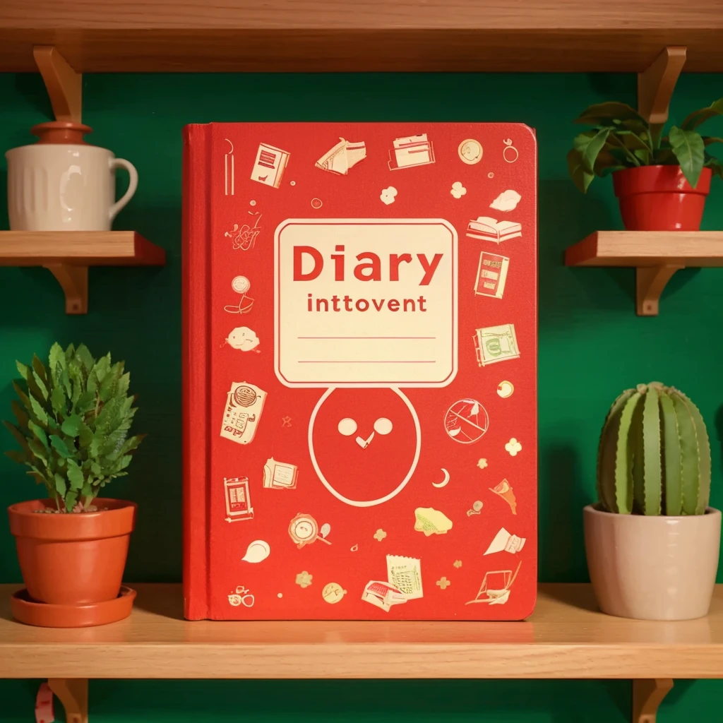 a book on a shelf with a red cover looks like the cover says "DIARY INTROVERT", the background is green