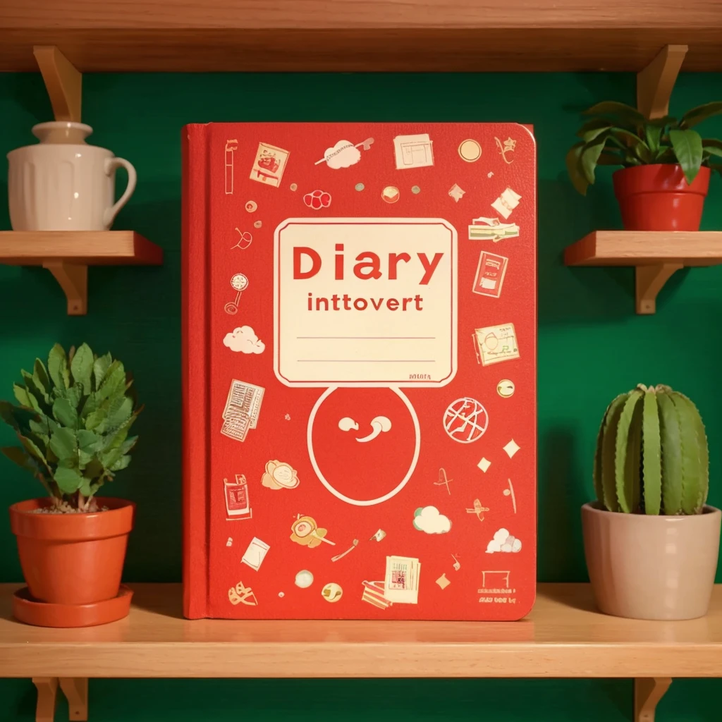 a book on a shelf with a red cover looks like the cover says "DIARY INTROVERT", the background is green