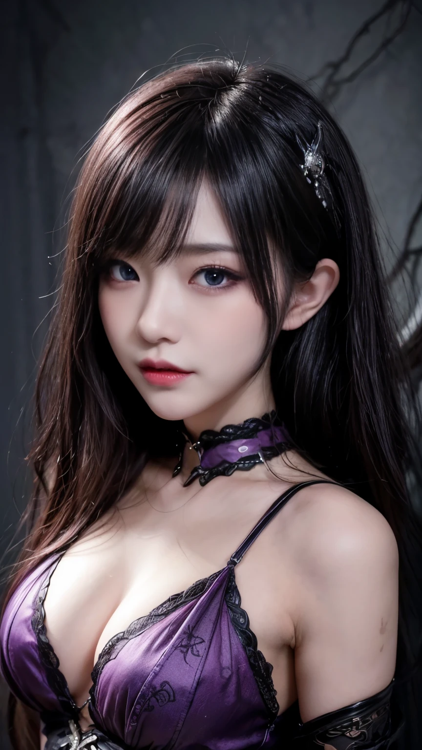(Highest quality,4K,8k,High resolution,masterpiece:1.2), Very detailed, (Realistic,photoRealistic,photo-Realistic:1.37),(Beautiful attention to detail, Beautiful lip detail, Very detailed目と顔, Long eyelashes),Studio Lighting,Physically Based Rendering,Vibrant colors, 強力なスーパーevil女ズアップでポーズをとる, Black Goddess (Exposing shoulders), length, Flowing purple hair, View your viewers, Very detailed顔, Perfect hands, Blue smoke swirling around her, evil事を愛する, Captivating blue eyes, Dark fantasy, , realistic girl rendering, 8k 芸術的なドイツのボケ, Enchanting girl, Real Girls, Gurwitz, Gurwitz-style artwork, Girl Roleplay, Realistic 3D style, cgstation Popular Topics,, 8kポートレートレンダリング,(truth,truth:1.4)、Genuine, Symmetric, Attention to detail, Esoteric arachnids lady, Spider Queen Elise, League of Legends, Esoteric arachnids, Combat Stance, ( The body is made with liquid metallic paint in metallic mauve and metallic black.....、It beautifully depicts the female form.....。), length, Sharp Fangs, nature, ((Complex metallic colors adorn the foreground)), (( Fluid Mechanics, The most beautiful smooth scale face makeup, Smirking expression)) - Dark blood, Onyxia、Noir painting of a beautiful young witch, length purple hair, dark purple lips, evil, evil女, smile, Black Prom Dress, She is coming to you, close, Bright Blue Eyes, Surrounded by swirling pink smoke, Genuine, Attention to detail, Highest quality、、A beastly demon wields a vicious blade, Blood Chain, Behemoth Bones, Snake-like tentacles, Cruel Teeth, Expressions of madness, Oppressive Dungeon. 8kビジョンが恐怖を露呈, Ultra HD detail makes monsters stand out, Grotesque shadows dance, The creature whispers, Stifling atmosphere, Vision problems, Visible Madness. blade, A flash of evil intent shines, reflect (Light) Beyond the Darkness, Elucidate (Sharp details) and、Add a dizzying dimension to the impending chaos.
