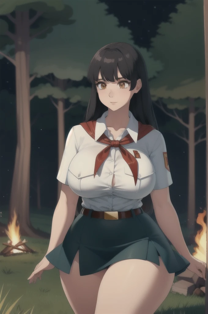 high quality, best quality, beautiful, perfect lighting, detailed face, ultra cute face, 1girl, solo, black hair, long hair, orange eyes, big breasts, large breats, huge breats, thick thighs, wind lift, outdoors, grass, field, forest, pioneer neckerchief, pioneer movement soviet pioneer, short skirt, blue skirt, bangs, shirt, collarbone, white shirt, short sleeves, collared shirt, belt, neckerchief, eyelashes, red neckerchief, pocket, breast pocket, night, forest, campfire,