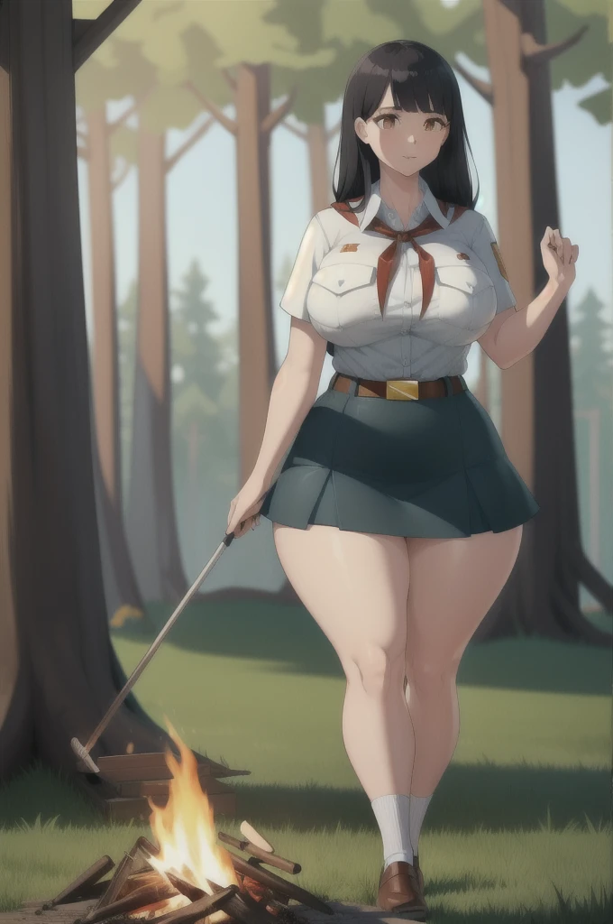 high quality, best quality, beautiful, perfect lighting, detailed face, ultra cute face, 1girl, solo, black hair, long hair, orange eyes, big breasts, large breats, huge breats, thick thighs, wind lift, outdoors, grass, field, forest, pioneer neckerchief, pioneer movement soviet pioneer, short skirt, blue skirt, bangs, shirt, collarbone, white shirt, short sleeves, collared shirt, belt, neckerchief, eyelashes, red neckerchief, pocket, breast pocket, night, forest, campfire,