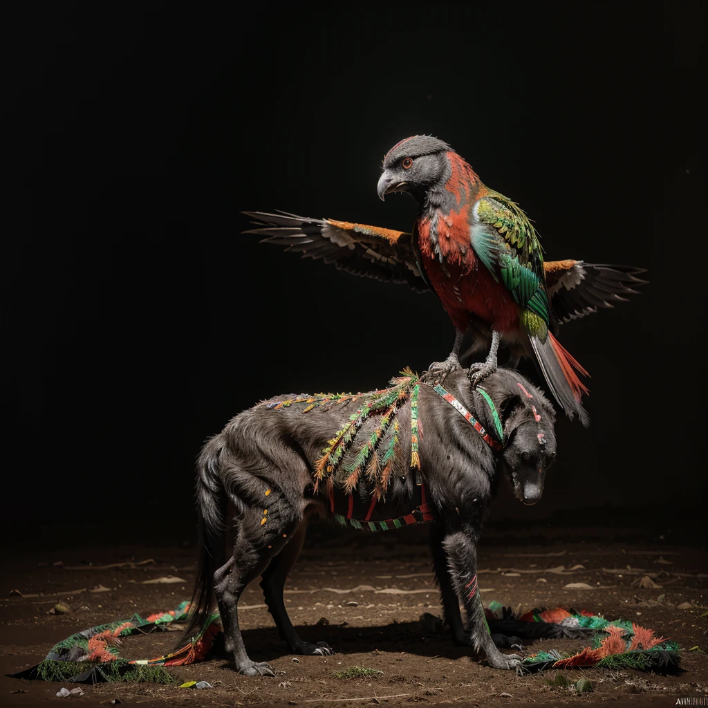 Fine Art, black-white-red-green, high contrast, National Geographic Foto: André Uhlisch - Art, , digital painting of a colorful old bird with glowing legs, in a glittering dress and delicately arranged furry arms and dusty legs,riding on the head of a dog . recorded in the style of post-apocalyptic Fu