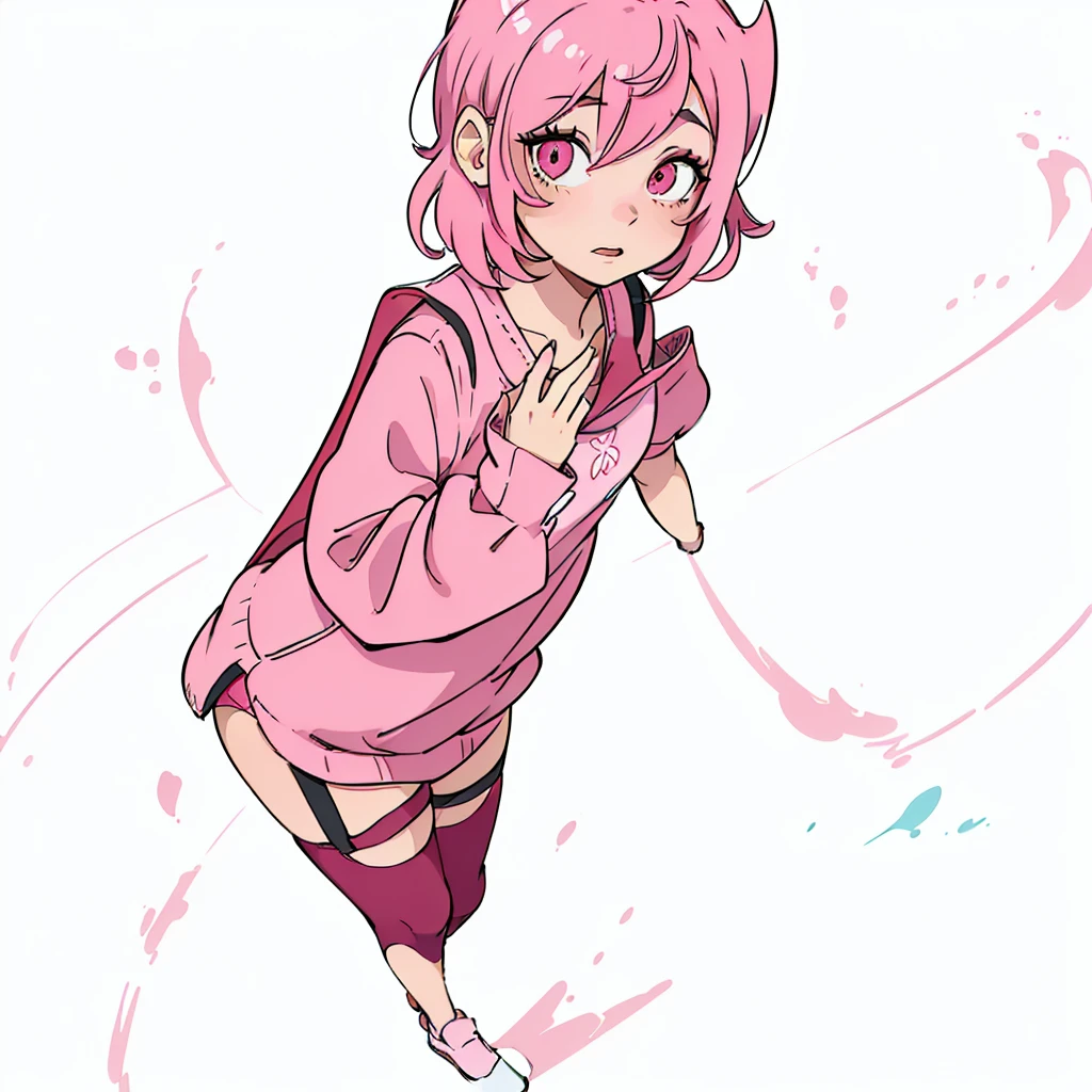 cartoon drawing of a girl with a pink dress and a rot hat, cartoon cute, she has rot hair,  Pink, no shading, in anime style, beautiful girl with short pink hair, rot hair girl, A little pink, rot hairot girl, drawn with photoshop, cel shaded!!!, madeline da celeste, digitl art!!, ((rot)) bulging eyes