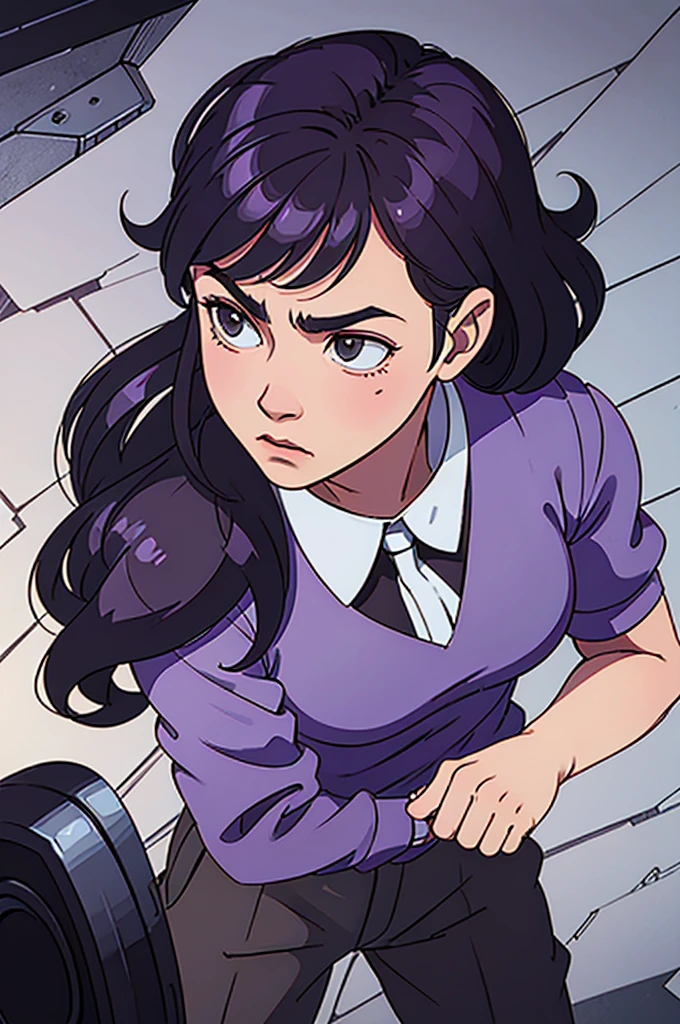 Miguel is less than 1,62 meters high, but his physical constitution is robust and muscular. Her curly hair is short and well maintained., and he has a distinct scar on the left side of his face that accentuates his tough appearance.. He wears a sleeveless purple suit, a white dress shirt and a black tie, contrasting with his brown pants and well-polished black shoes. The suit is fitted and reveals your muscles, giving it a compact strength look.