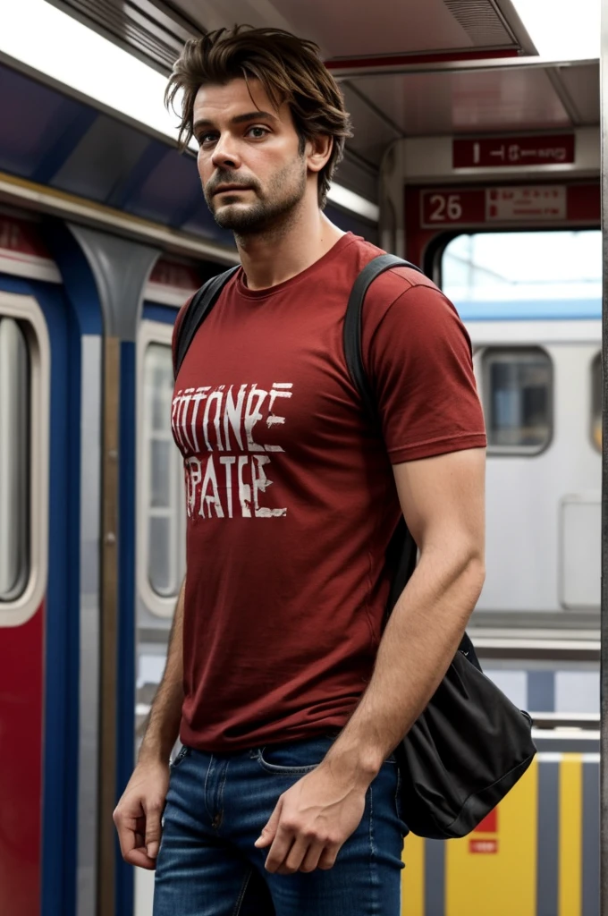 un bonhomme avec un t-shirt rouge et un jean déchiré et penché de 45 degré vers l avant avec un doigt sur l arrière train avec l émotions d avoir fait une bêtise sur son visage 