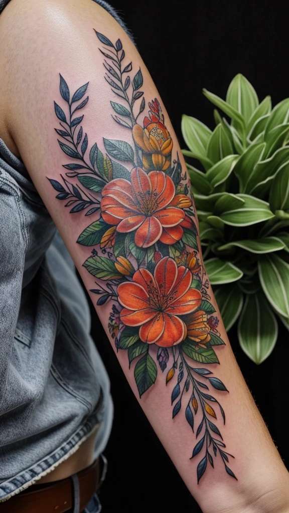 A highly detailed, photorealistic neo-traditional style tattoo design, featuring a stunning floral arrangement with intricate linework, vivid colors, and a striking composition, presented in the highest resolution and quality.