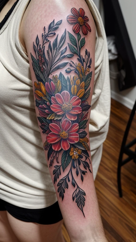 A highly detailed, photorealistic neo-traditional style tattoo design, featuring a stunning floral arrangement with intricate linework, vivid colors, and a striking composition, presented in the highest resolution and quality.