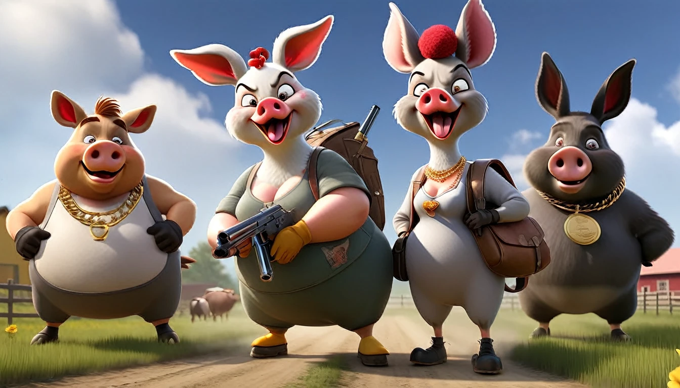 An angry hen with a pistol in her hand is coming towards the camera. Beside it, on the right, is a fat pig with gold necklaces, sunglasses, a cigarette, and a shotgun. On the left, a laughing donkey in a basketball suit holds an AK-47. They are on a farm, surrounded