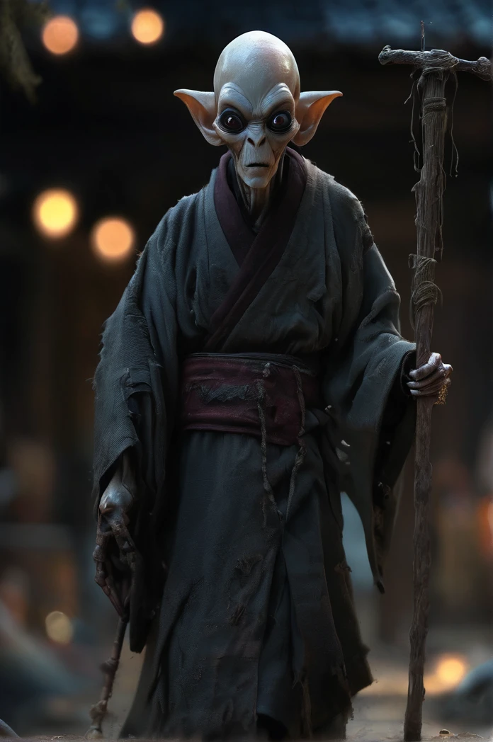 8k、Ultra HD、Horror-themed movie stills,夜の町の中央にCreepyに立っている、A short, skinny, big-headed, bald old man wearing a kimono、Alien head shape、Carrying a walking stick、Shallow depth of field, Vignette, Very detailed, High budget, Bokeh, CinemaScope, Sulky, amazing, nice, Film Grain, granular . Creepy, Anxious, dark, Creepyな, Suspenseful, strict, Very detailed
