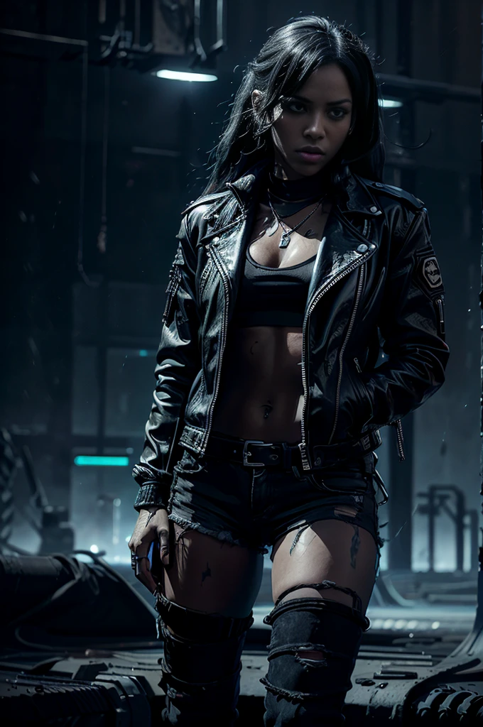 a female rapper with a confident, powerful expression, wearing a black leather jacket, ripped jeans, and combat boots, performing on a dimly lit stage with dramatic lighting, high energy, urban environment, cinematic, 8k, hyper detailed, photorealistic, dramatic lighting, neon lights, gritty, moody, atmospheric, intense, energetic, urban, street, hiphop, electronic, music video style
