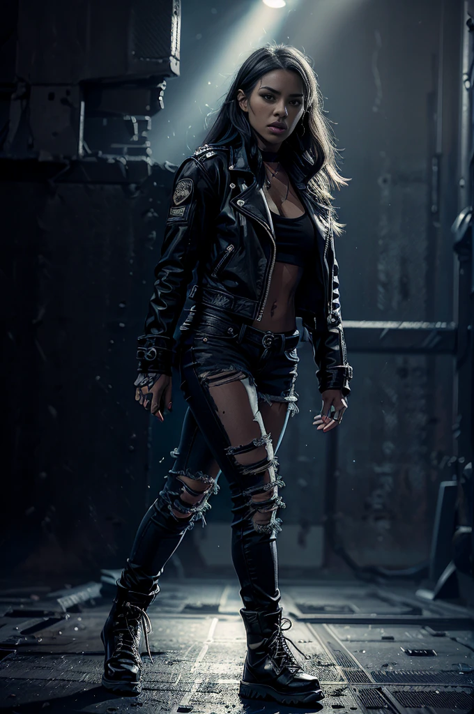 a female rapper with a confident, powerful expression, wearing a black leather jacket, ripped jeans, and combat boots, performing on a dimly lit stage with dramatic lighting, high energy, urban environment, cinematic, 8k, hyper detailed, photorealistic, dramatic lighting, neon lights, gritty, moody, atmospheric, intense, energetic, urban, street, hiphop, electronic, music video style