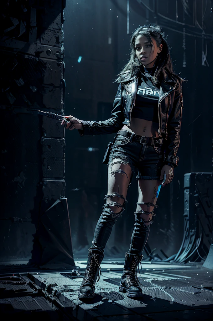 a female rapper with a confident, powerful expression, wearing a black leather jacket, ripped jeans, and combat boots, performing on a dimly lit stage with dramatic lighting, high energy, urban environment, cinematic, 8k, hyper detailed, photorealistic, dramatic lighting, neon lights, gritty, moody, atmospheric, intense, energetic, urban, street, hiphop, electronic, music video style