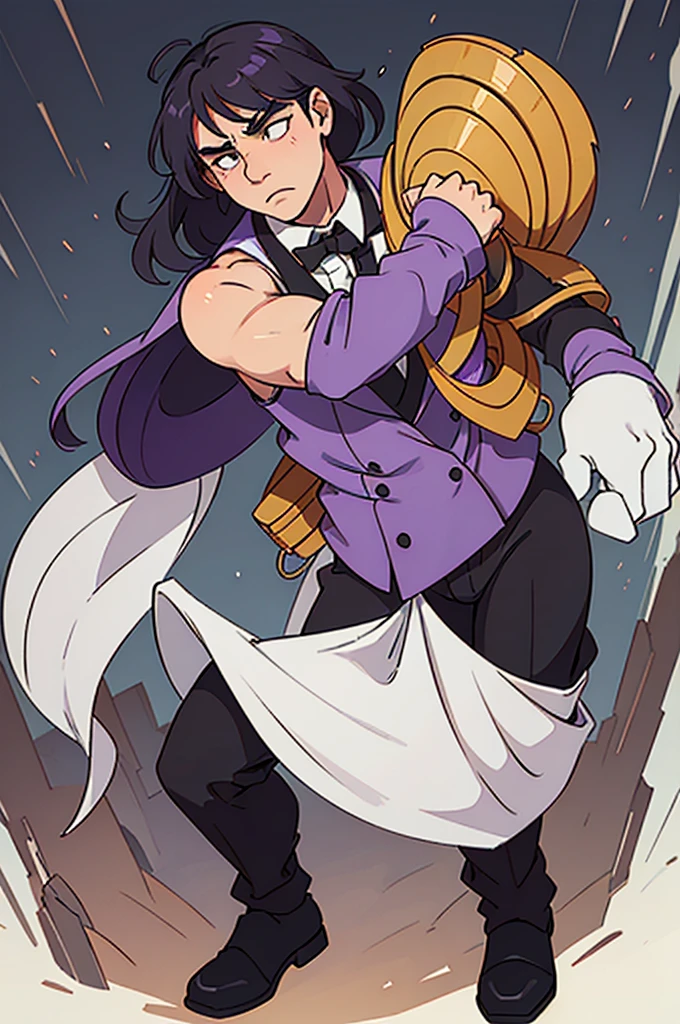 Miguel and a man have less than 1,62 meters high, but his physical constitution is robust and muscular. Her curly hair is short and well maintained., and he has a distinct scar on the left side of his face that accentuates his tough appearance.. He wears a sleeveless purple suit, a white dress shirt and a black tie, contrasting with his brown pants and well-polished black shoes. The suit is fitted and reveals your muscles, giving it a compact strength look.