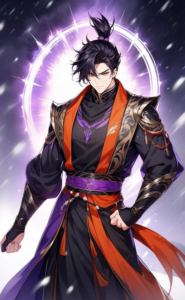 the only person，Libido boy，disheveled black hair , Orange eyes , purple martial arts uniform , Fighting posture，purple aura，lightning effects，Snowy background , Snowy wasteland background, Martial arts costumes , 1male people , Complicated details , perfect generation , male people , musculous , poncho，red magic vortex，