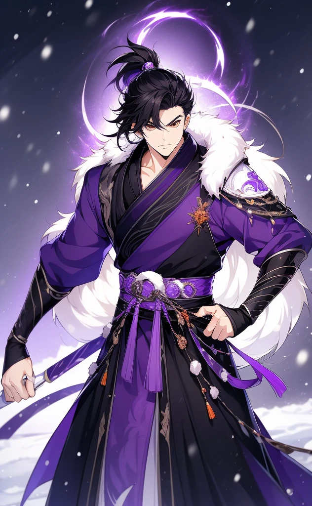 the only person，Libido boy，disheveled black hair , Orange eyes , purple martial arts uniform , Fighting posture，purple aura，lightning effects，Snowy background , Snowy wasteland background, Martial arts costumes , 1male people , Complicated details , perfect generation , male people , musculous , poncho，red magic vortex，