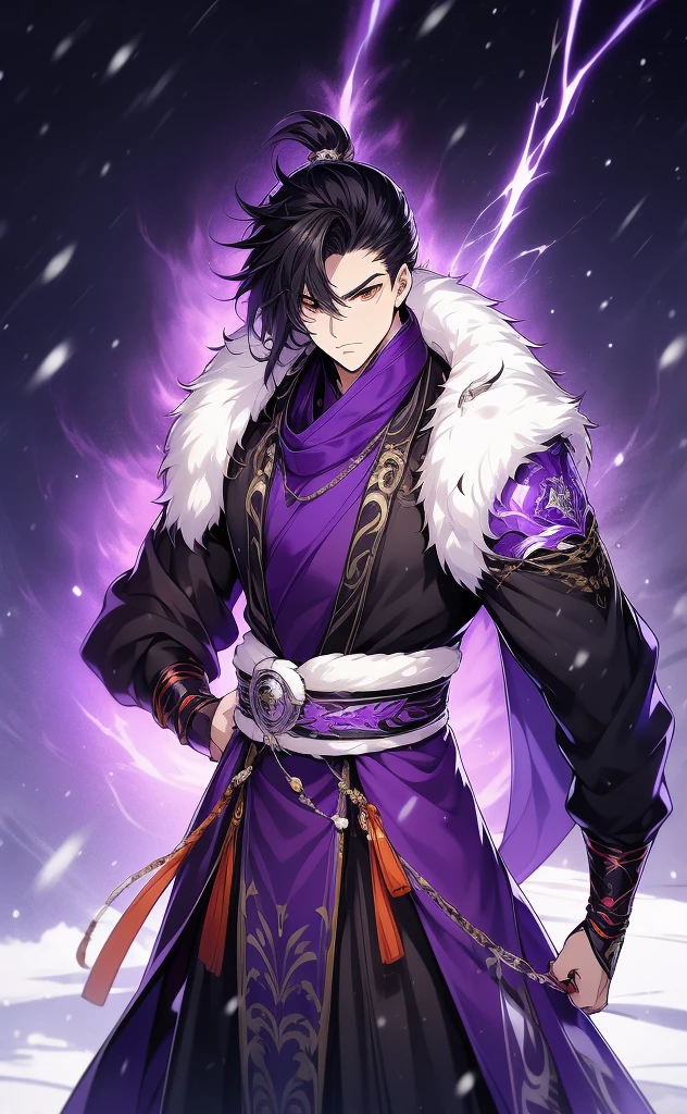 the only person，Libido boy，disheveled black hair , Orange eyes , purple martial arts uniform , Fighting posture，purple aura，lightning effects，Snowy background , Snowy wasteland background, Martial arts costumes , 1male people , Complicated details , perfect generation , male people , musculous , poncho，red magic vortex，