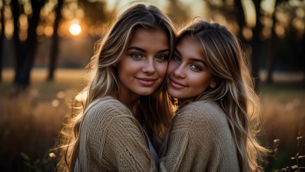 With a smile on her delicate face, a young, attractive woman with flowing blond hair. Her full eyes radiate curiosity, as if ready to immerse themselves in every moment of life. Looking at her, you'll notice those lips that invite you to kiss. They form a gentle arch, painted on the canvas of her face. They seem pleasantly warm, as if always ready for a tender embrace or an emotionally charged kiss. Observing her, you see how she plays with the light. The warmth of the setting sun emphasizes the subtle features of her face, making her even more dazzling. She is like a painting that captures attention, and her presence makes you want to freeze time to savor the moment, shimmering with the fullness of life.ultra high res.photo realistic: 1.4, UDH, 