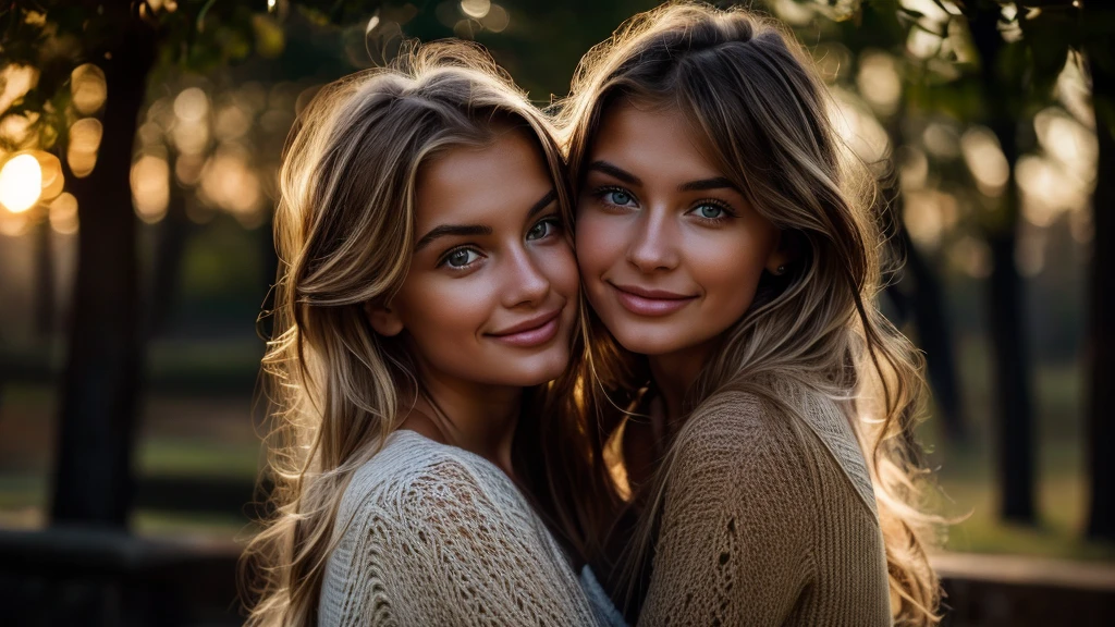 With a smile on her delicate face, a young, attractive woman with flowing blond hair. Her full eyes radiate curiosity, as if ready to immerse themselves in every moment of life. Looking at her, you'll notice those lips that invite you to kiss. They form a gentle arch, painted on the canvas of her face. They seem pleasantly warm, as if always ready for a tender embrace or an emotionally charged kiss. Observing her, you see how she plays with the light. The warmth of the setting sun emphasizes the subtle features of her face, making her even more dazzling. She is like a painting that captures attention, and her presence makes you want to freeze time to savor the moment, shimmering with the fullness of life.ultra high res.photo realistic: 1.4, UDH,