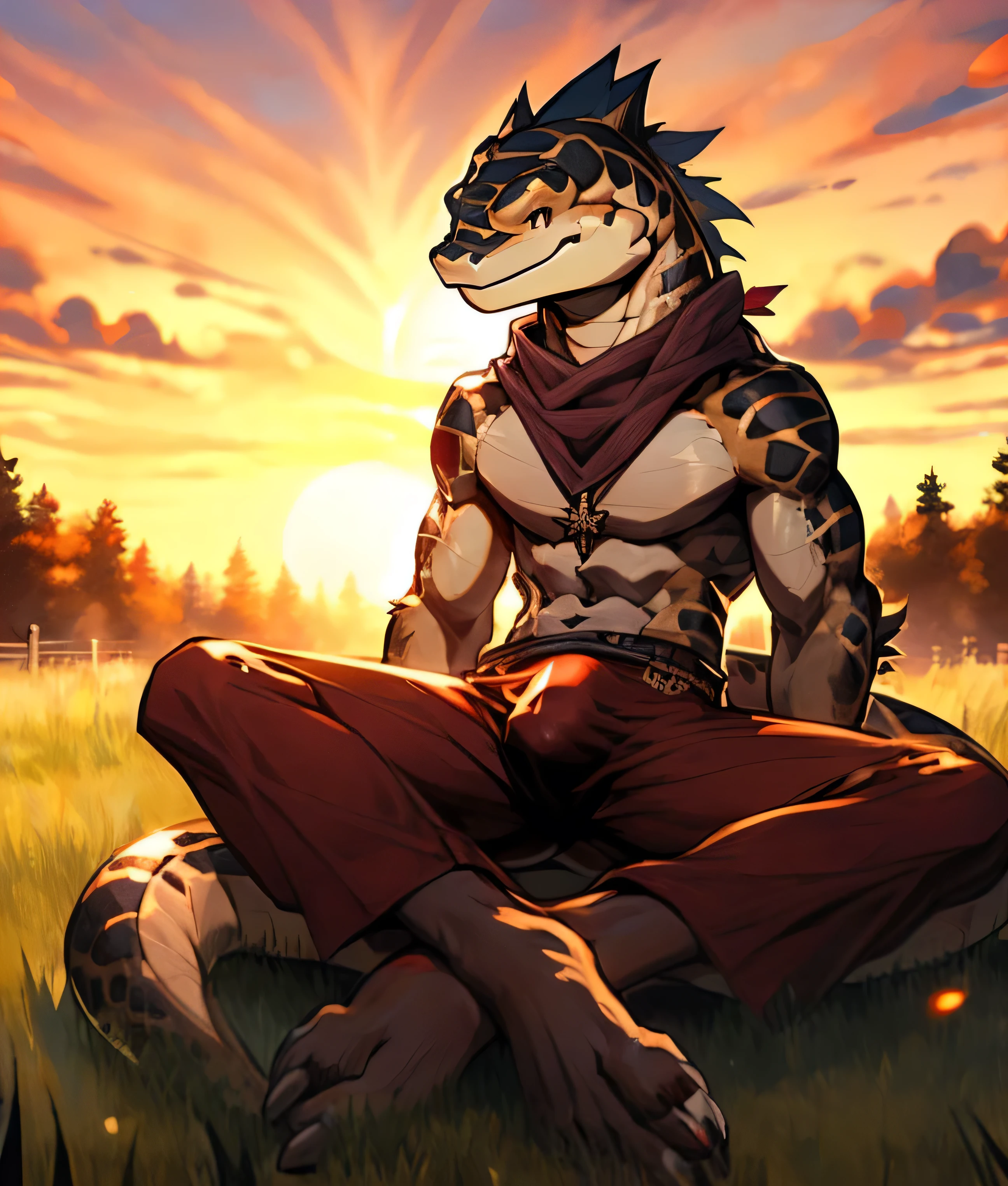 ((4k , masterpiece , ultra detail)) male , 7ft tall , Furry python , blue scaled python , amber yellow snake eyes , masculine features , slightly slim build , six pack , raptor like feet , barefoot , ((3 toes)) , maroon spandex shorts , ((slight bulge in pants)) , shirtless , black scarf around waist , sitting cross legged , sitting on hill , sitting on a grassy field , sun rising in the background , looking away from sunrise , front view ,