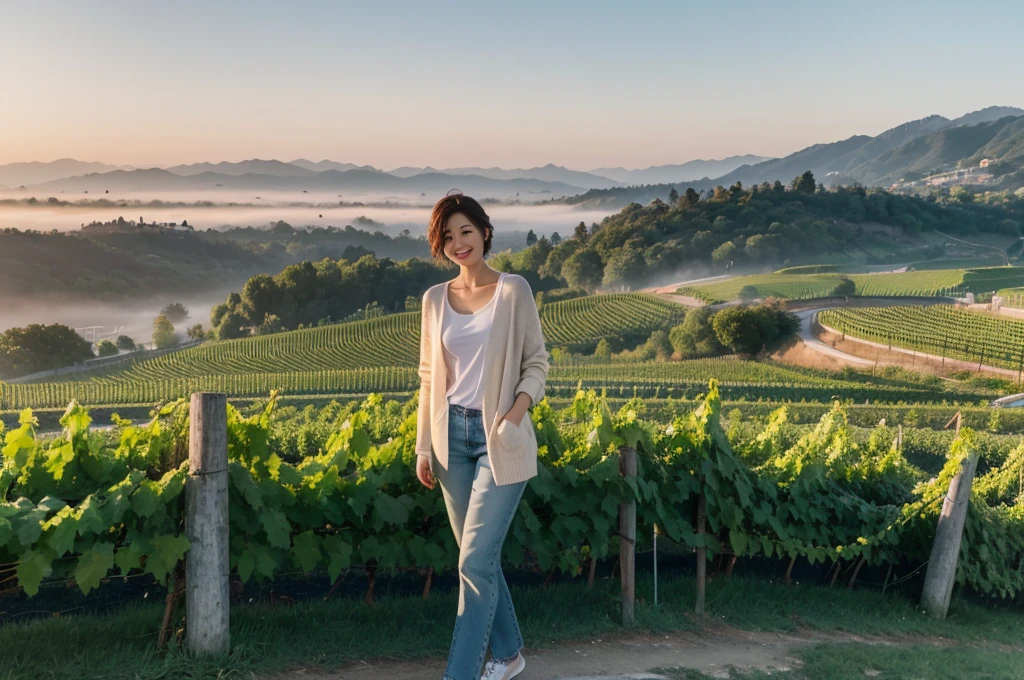 8k best picture quality, Beautiful 36-year-old Korean woman, northern italy countryside dawn, View of the cathedral next to the vineyards, The back background is realistic and vivid quality., short medium hair, A luxury brand white T-shirt that covers the chest and a high-quality short cardigan., Wear casual pants, Smile slightly. the background is clear, looking up at the front camera. Standing on a hill on a trail and looking at a foggy vineyard, Dress modestly, There is a thick fog in the early morning., Well-groomed hair, Wide angle lens full body shot, 1 woman, red morning sunlight, The cathedral is visible in the distance