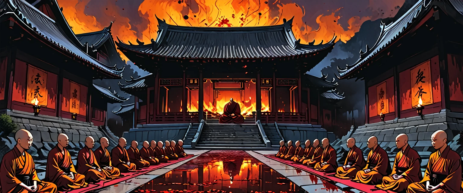 (graphic novel style, dark novel style, comic style, 2d:1.5), (hyperrealism, masterpiece:1.4), (colourful, soft cinematic light:1.1), incredibly lifelike, Extremely high-resolution details, 8k, blood dripping, many dead monks in kashaya (lies) with their eyes closed in a blood, blood everywhere, night, outside a Buddhist temple, fire, blood, bald,