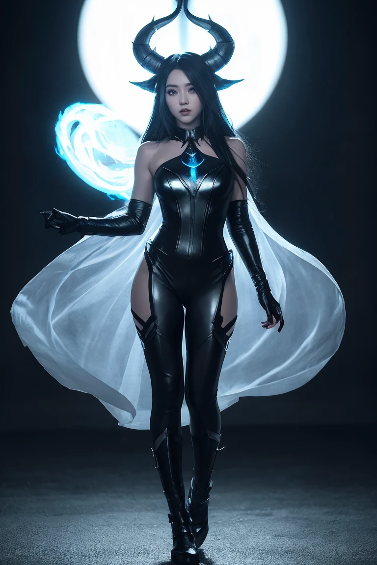 1girl, solo, from front, full body, Kindred \(league of legends\), black background, makeup, sidelighting, backlighting, glowing,cinematic film , realistic , shallow depth of field, vignette, highly detailed, high budget, bokeh, cinemascope, moody, epic, gorgeous, film grain, grainy, 