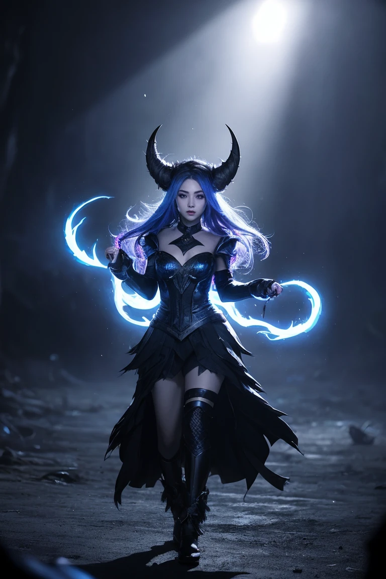 1girl, solo, from front, full body, Kindred \(league of legends\), black background, makeup, sidelighting, backlighting, glowing,cinematic film , realistic , shallow depth of field, vignette, highly detailed, high budget, bokeh, cinemascope, moody, epic, gorgeous, film grain, grainy, 