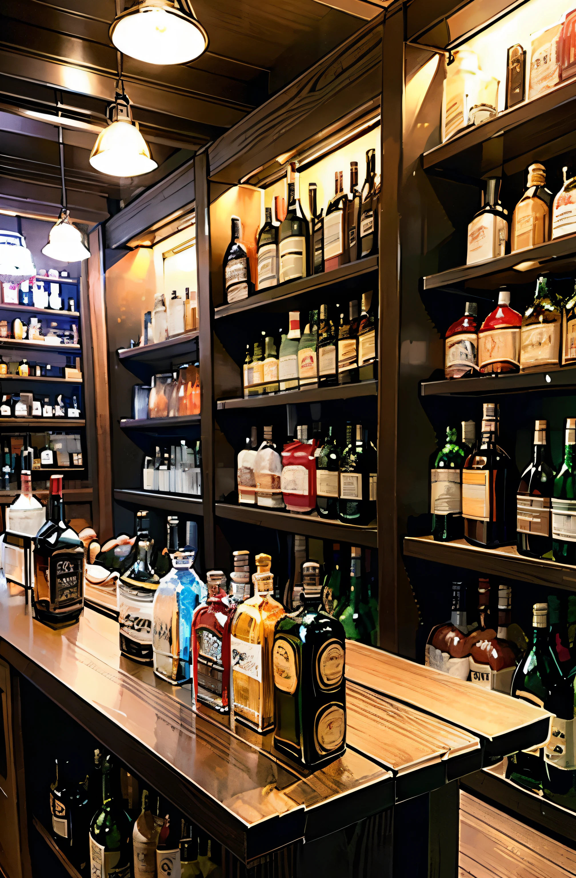 8K、detailed、high resolution、Genuine、distinct、bar、barカウンター、shelf、Bottles of liquor、カウンターにたくさんのBottles of liquor、shelfにたくさんのBottles of liquor、No one here、
