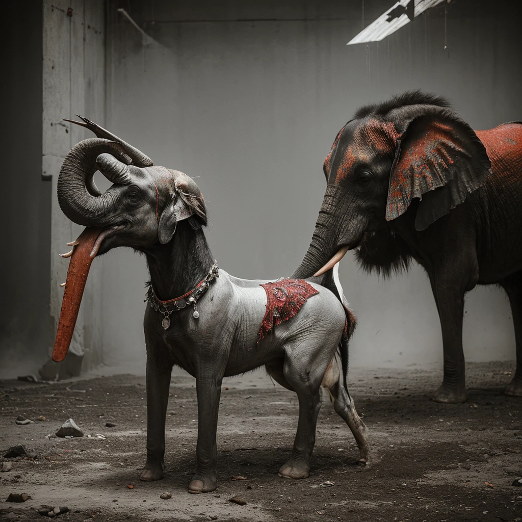 A captivating fine art photograph in black and lot of white, with striking splashes of red, green, and black. The focal point is an antique, colorful fish with elephant legs, dressed in a shimmering outfit and adorned with intricate fur arm and dust legs. The fish sits majestically atop the head of a dog, evoking a post-apocalyptic ambiance. The minimal, moody background enhances the surreal and otherworldly atmosphere, transporting the viewer to a fantastical realm.