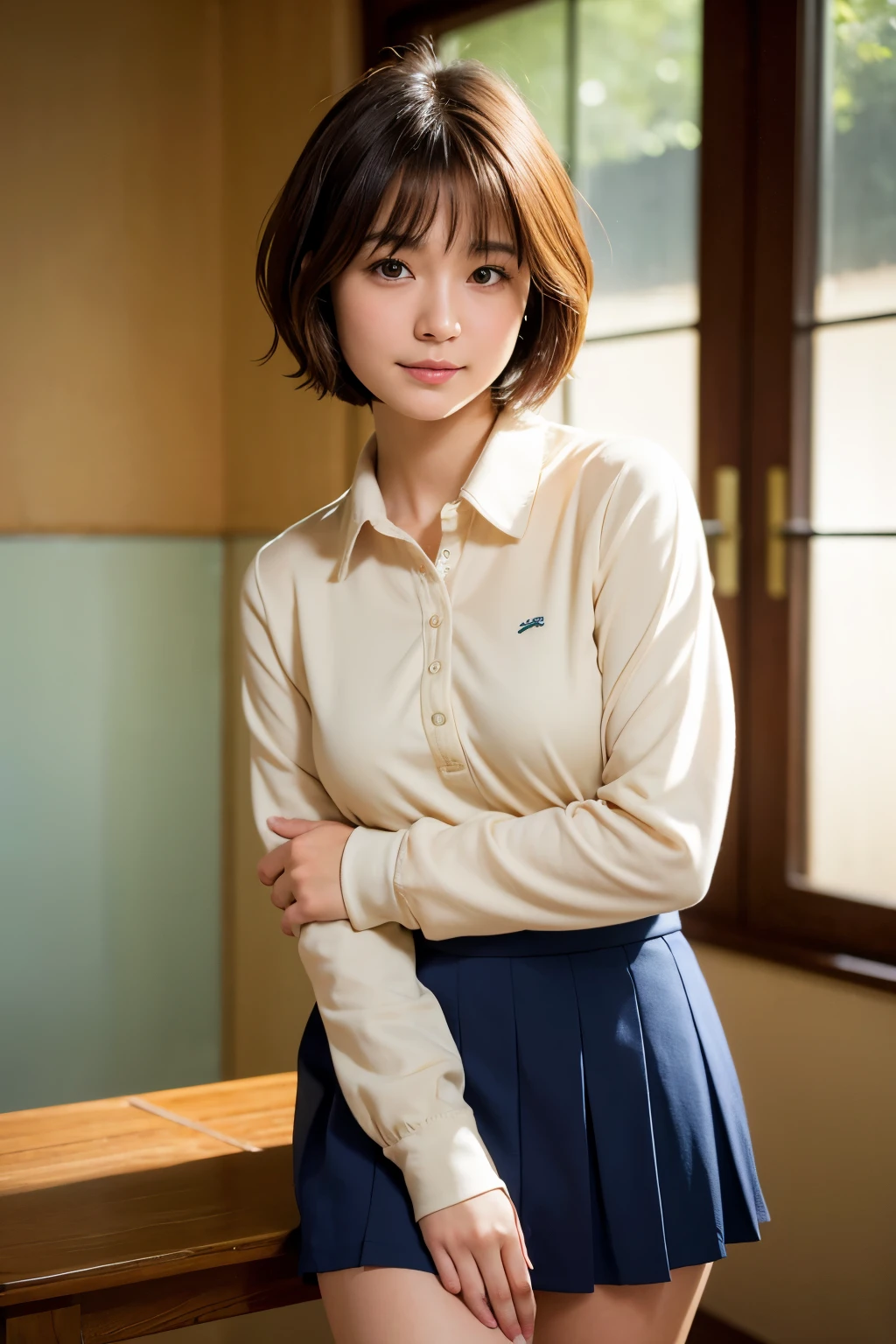 Highest quality, Face Focus, Soft Light, Ultra-high resolution, (Realistic:1.4), RAW Photos, 1 Japanese girl, alone, cute, (A shy smile:0.5), (Brown eyes, Light in your eyes), Beautiful face in every detail, (Small box),(High resolution detail of human skin texture), (Short Bob Hair), break, In the classroom,Navy uniform, Best, skirt