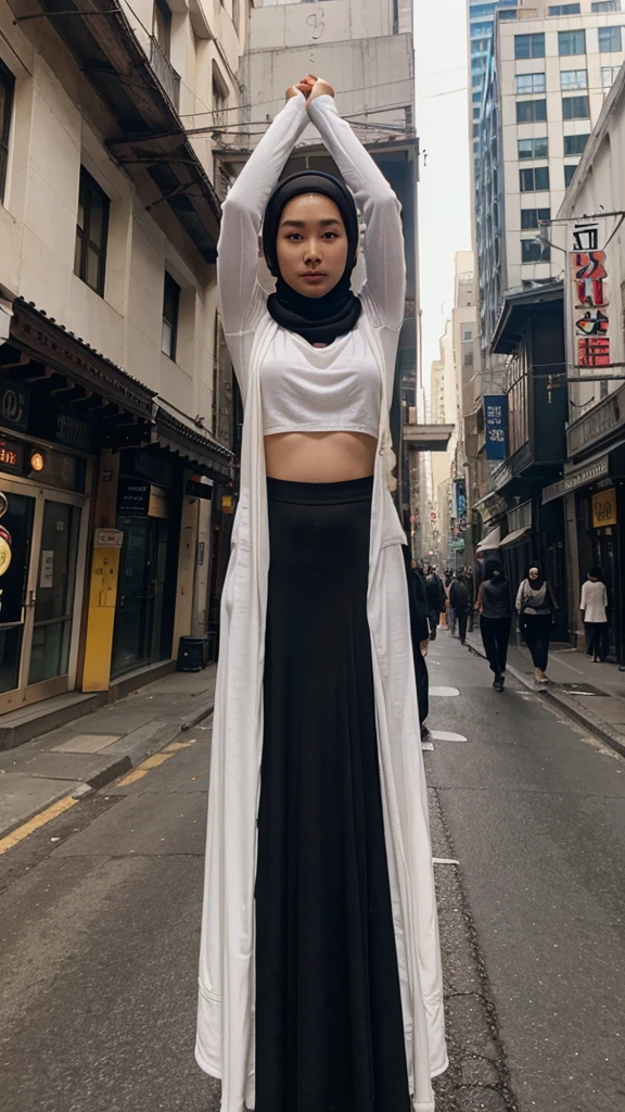 A beautiful Asian girl with white skin wearing a long black hijab had both her arms hung up With Big rope in the middle of the city.