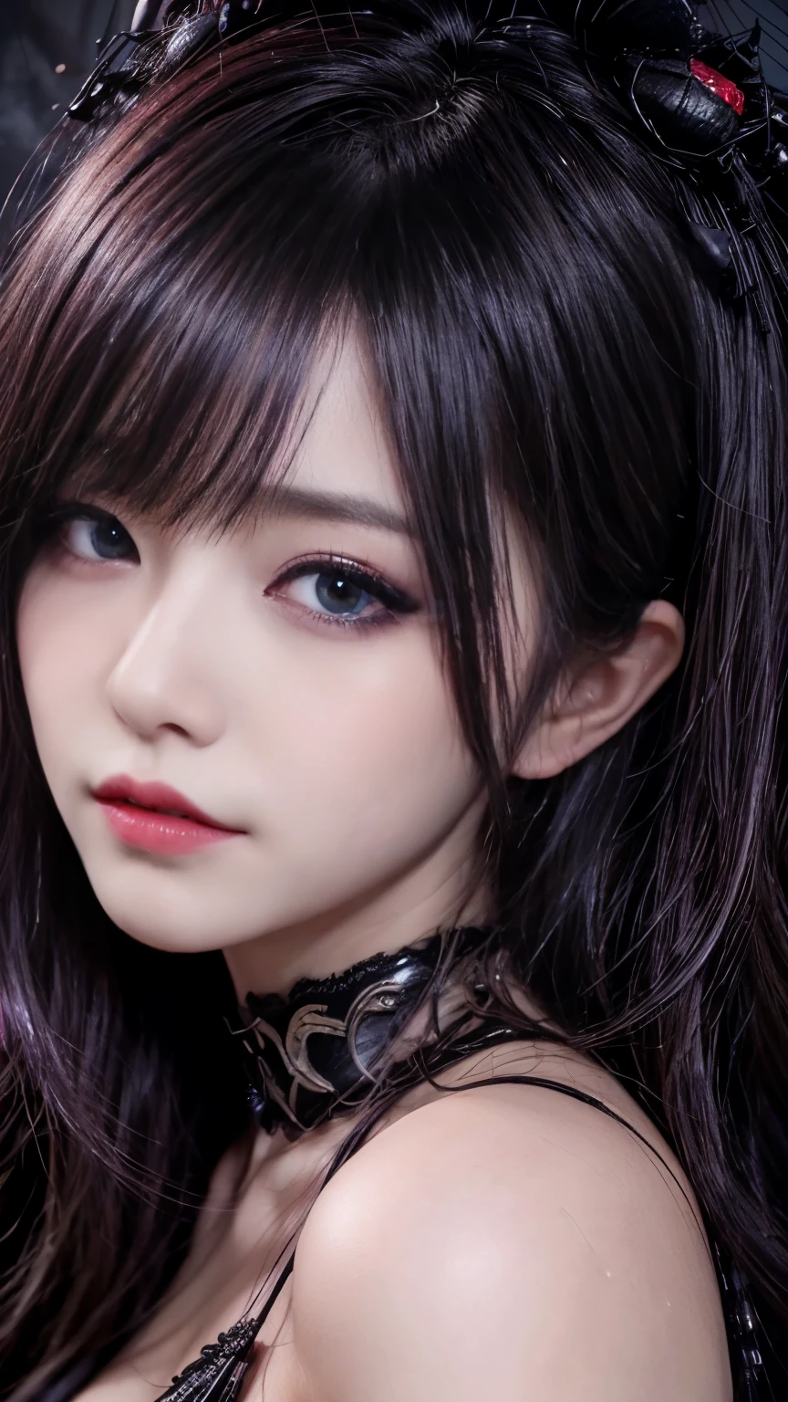 (Highest quality,4K,8k,High resolution,masterpiece:1.2), Very detailed, (Realistic,photoRealistic,photo-Realistic:1.37),(Beautiful attention to detail, Beautiful lip detail, Very detailed目と顔, Long eyelashes), ),(Fatal Beauty,Attractive beauty) ,(A supple and powerful physique),(Sensual charm),(Mysterious charm:1.1),(Captivating silhouette),Studio Lighting,Physically Based Rendering,Vibrant colors, 強力なスーパーevil女ズアップでポーズをとる, Black Goddess (Exposing shoulders), length, Flowing purple hair, View your viewers, Very detailed顔, Perfect hands, Blue smoke swirling around her, evil事を愛する, Captivating blue eyes, Dark fantasy, , realistic girl rendering, 8k 芸術的なドイツのボケ, Enchanting girl, Real Girls, Gurwitz, Gurwitz-style artwork, Girl Roleplay, Realistic 3D style, cgstation Popular Topics,, 8kポートレートレンダリング,(truth,truth:1.4)、Genuine, Symmetric, Attention to detail, Esoteric arachnids lady, Spider Queen Elise, League of Legends, Esoteric arachnids, Combat Stance, ( The body is made with liquid metallic paint in metallic mauve and metallic black.....、It beautifully depicts the female form.....。), length, Sharp Fangs, nature, ((Complex metallic colors adorn the foreground)), (( Fluid Mechanics, The most beautiful smooth scale face makeup, Smirking expression)) - Dark blood, Onyxia、Noir painting of a beautiful young witch, length purple hair, dark purple lips, evil, evil女, smile, Black Prom Dress, She is coming to you, close, Bright Blue Eyes, Surrounded by swirling pink smoke, Genuine, Attention to detail, Highest quality、、A beastly demon wields a vicious blade, Blood Chain, Behemoth Bones, Snake-like tentacles, Cruel Teeth, Expressions of madness, Oppressive Dungeon. 8kビジョンが恐怖を露呈, Ultra HD detail makes monsters stand out, Grotesque shadows dance, The creature whispers, Stifling atmosphere, Vision problems, Visible Madness. blade, A flash of evil intent shines, reflect (Light) Beyond the Darkness, Elucidate (Sharp details) and、Add a dizzying dimension to the impending chaos.