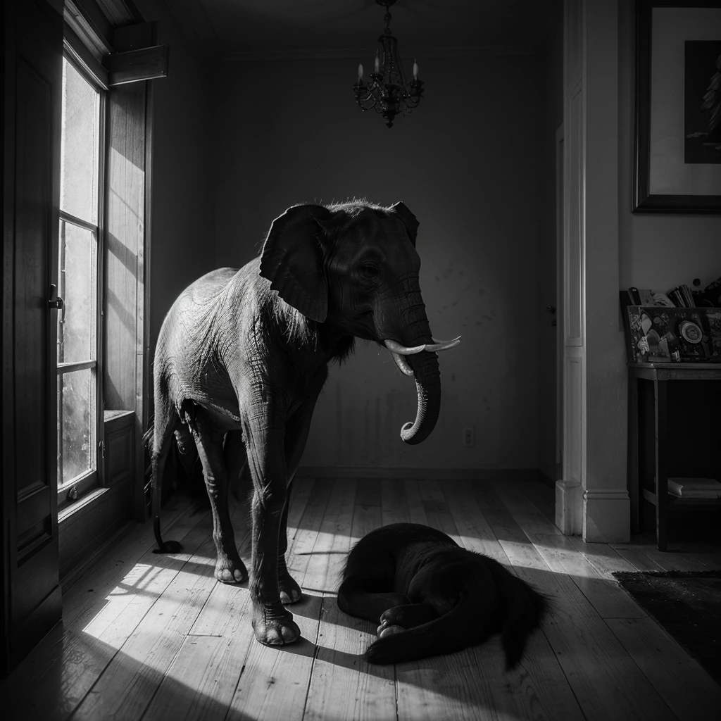 A captivating fine art photograph in black and white, with striking splashes of red, green, and black. The focal point is an antique, colorful fish with elephant legs, dressed in a shimmering outfit and adorned with intricate fur arm and dust legs. The fish sits majestically atop the head of a dog, evoking a post-apocalyptic ambiance. The minimal, moody background enhances the surreal and otherworldly atmosphere, transporting the viewer to a fantastical realm.