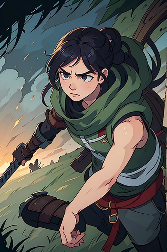 Kai is an imposing man standing 2 meters and 10 meters tall, possessing a massive muscular structure. His body is covered in scars that narrate his battles and conquests.. your hair is long, smooth and black, usually tied into a high bun or worn loose. He wears a green camouflage outfit, which includes a hood, combat vest, pants and boots adapted for the jungle. His look is inspired by the main character of "Assassin's Creed III", with a combination of protective parts and battle gear. Kai carries an array of hunting and survival weapons, in addition to a fierce and determined expression.