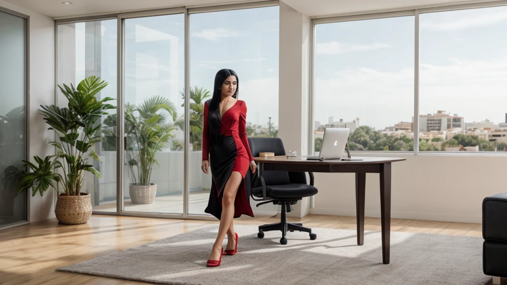 An 18-year-old (Indonesian:0.5)-(Spanish:1.5) girl, (Long flowing straight Black Hair:1.5), Olive Skin, detailed skin, full makeup, long legs, (slim tall slender fit-muscled body:1.4), defined abs, business-style (red dress:1.5), cinematic shot in 8k HDR, emphasizing elegance and professionalism, walking (alone:1.9) confidently, a modern office, red walls, office desk, office chair, laptop, computer, monitor, potted plant, minimalist, clean, simple, sunlight, window, warm lighting, professional